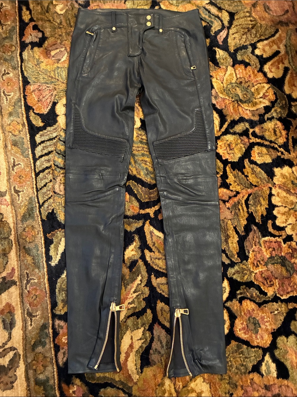 Balmain H&M exclusive collab Black Leather look Moto pants with Gold Hardware
